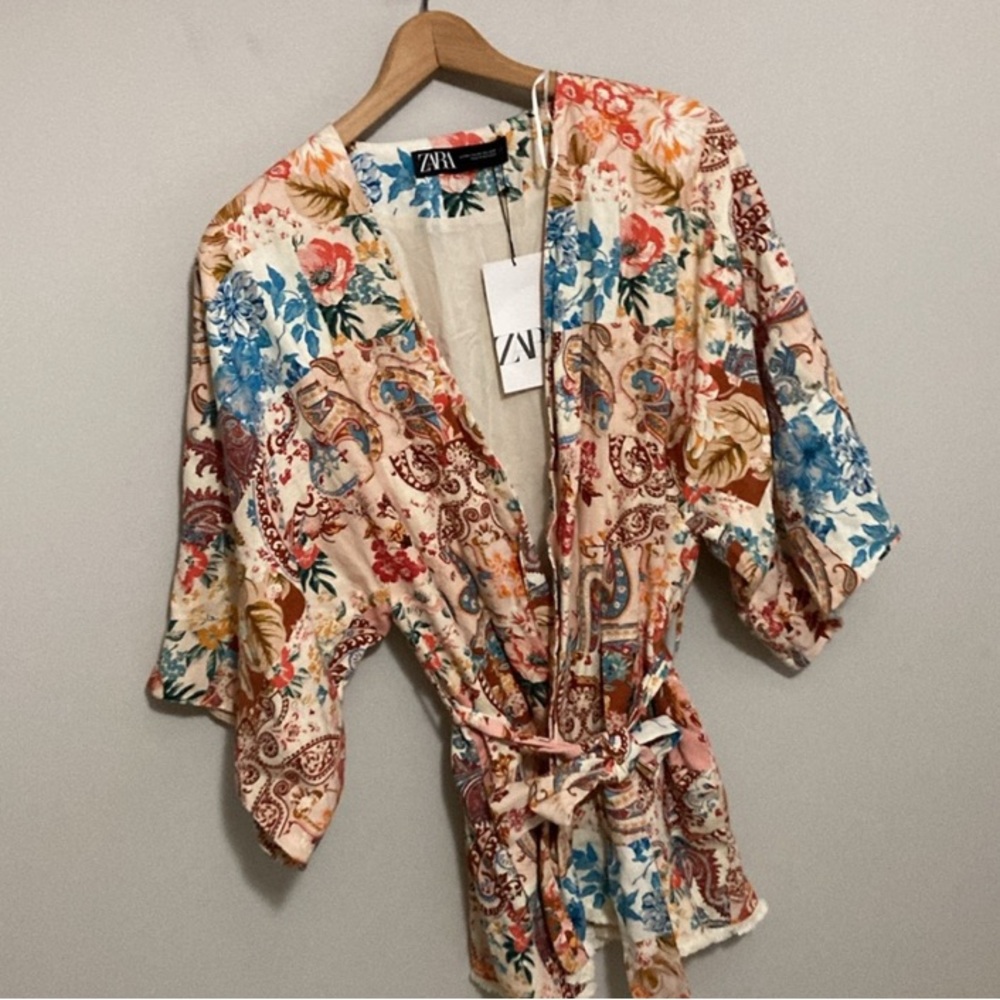 NWT New Zara Printed Kimono Multicolor Cream Floral Size M-L, Dress, Top, Robe - Picture 5 of 13